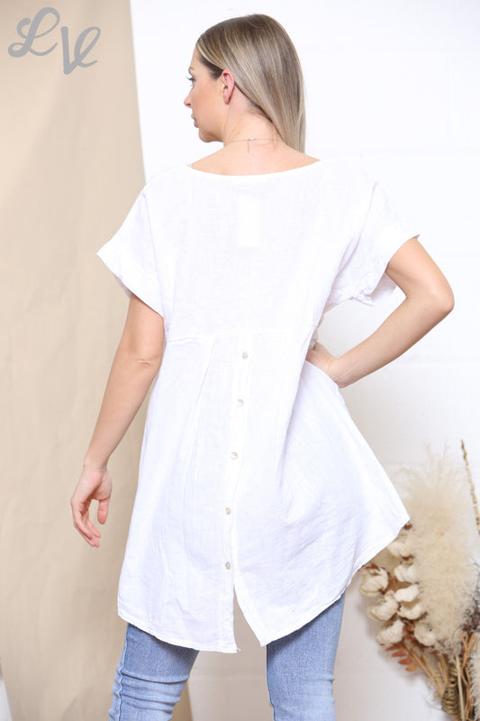 Ladies Plain Button Back Detail Top White
