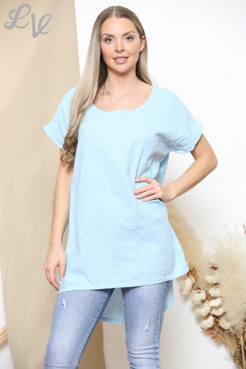 Ladies Plain Button Back Detail Top Sky Blue