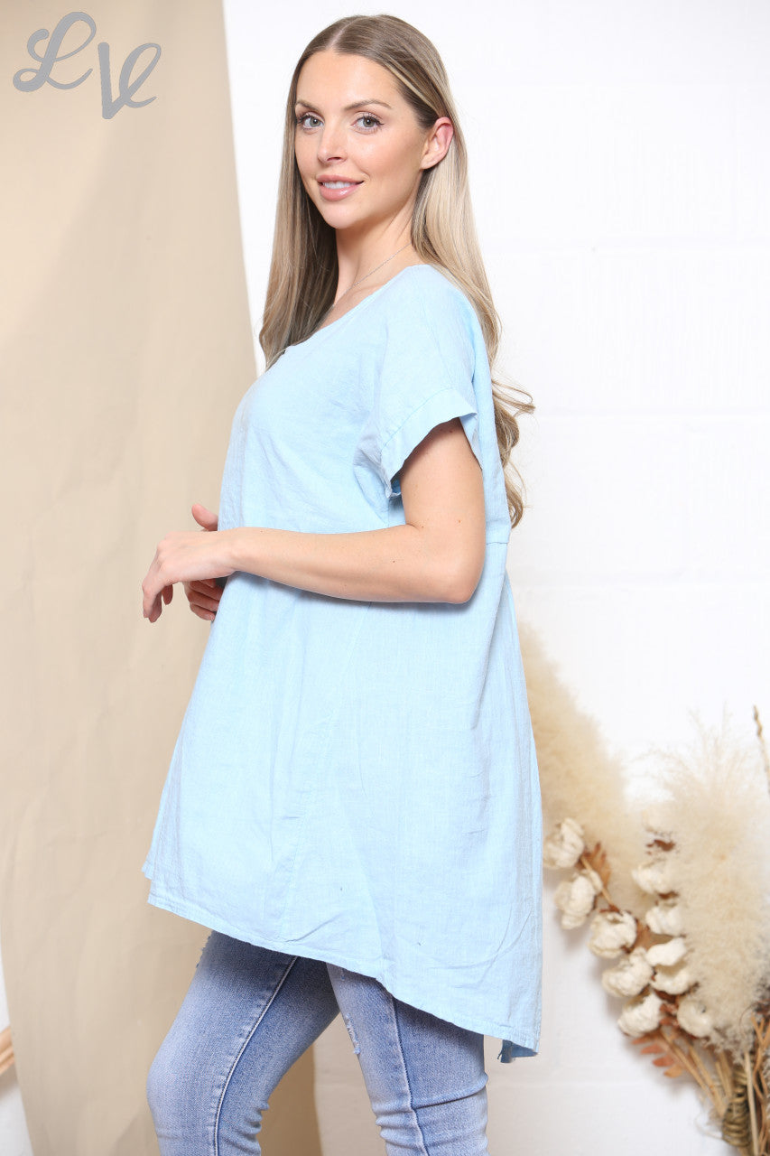 Ladies Plain Button Back Detail Top Sky Blue