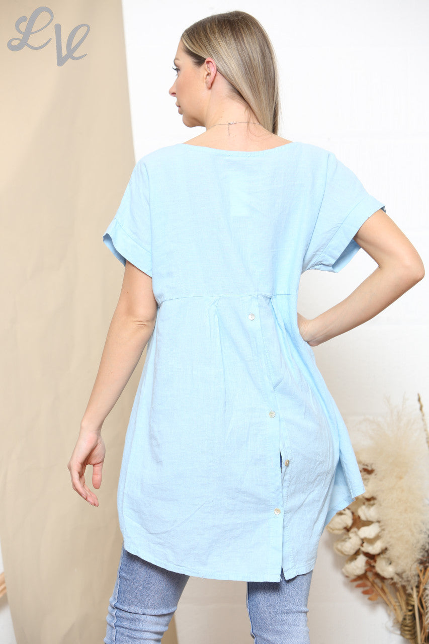 Ladies Plain Button Back Detail Top Sky Blue