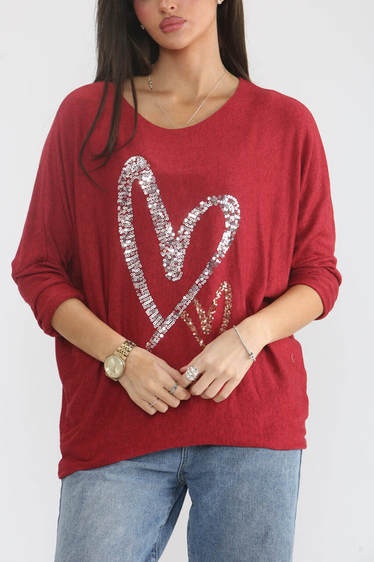 SEQUIN HEARTS FINE KNIT JUMPER TOP RED