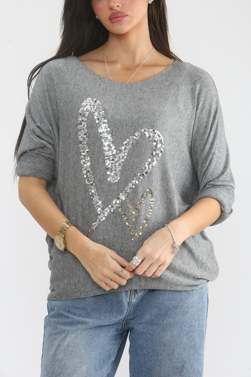 SEQUIN HEARTS FINE KNIT JUMPER TOP GREY