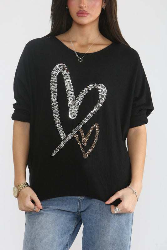 SEQUIN HEARTS FINE KNIT JUMPER TOP BLACK