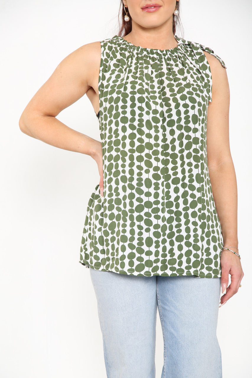 TIE SHOULDER SPOTTY TOP WHITE/KHAKI