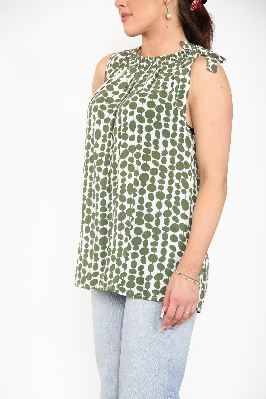TIE SHOULDER SPOTTY TOP WHITE/KHAKI