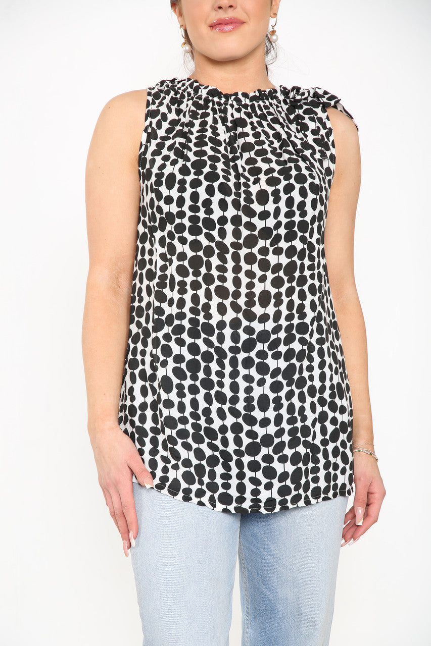 TIE SHOULDER SPOTTY TOP WHITE/BLACK