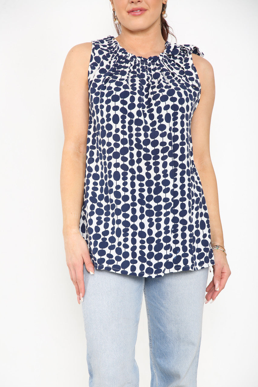 TIE SHOULDER SPOTTY TOP WHITE/NAVY
