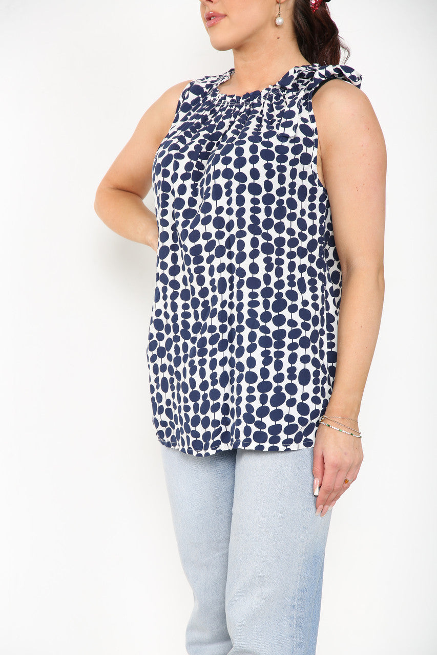 TIE SHOULDER SPOTTY TOP WHITE/NAVY