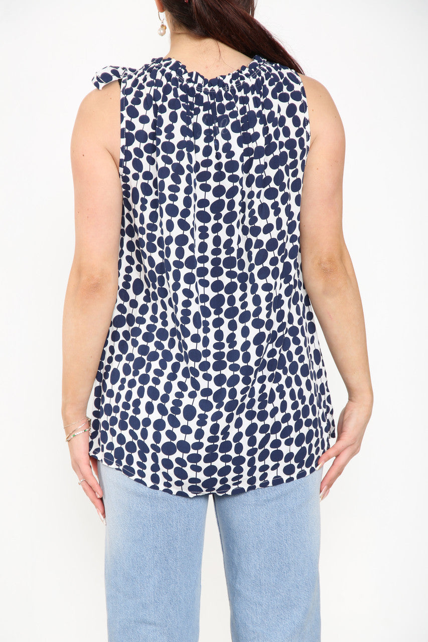 TIE SHOULDER SPOTTY TOP WHITE/NAVY