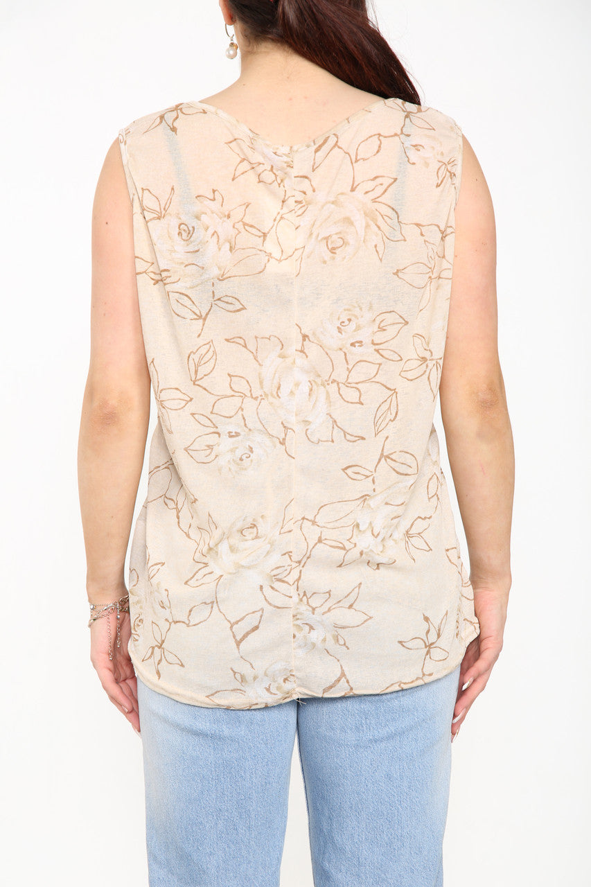 Ladies Floral Outline Print Sleeveless Top Stone