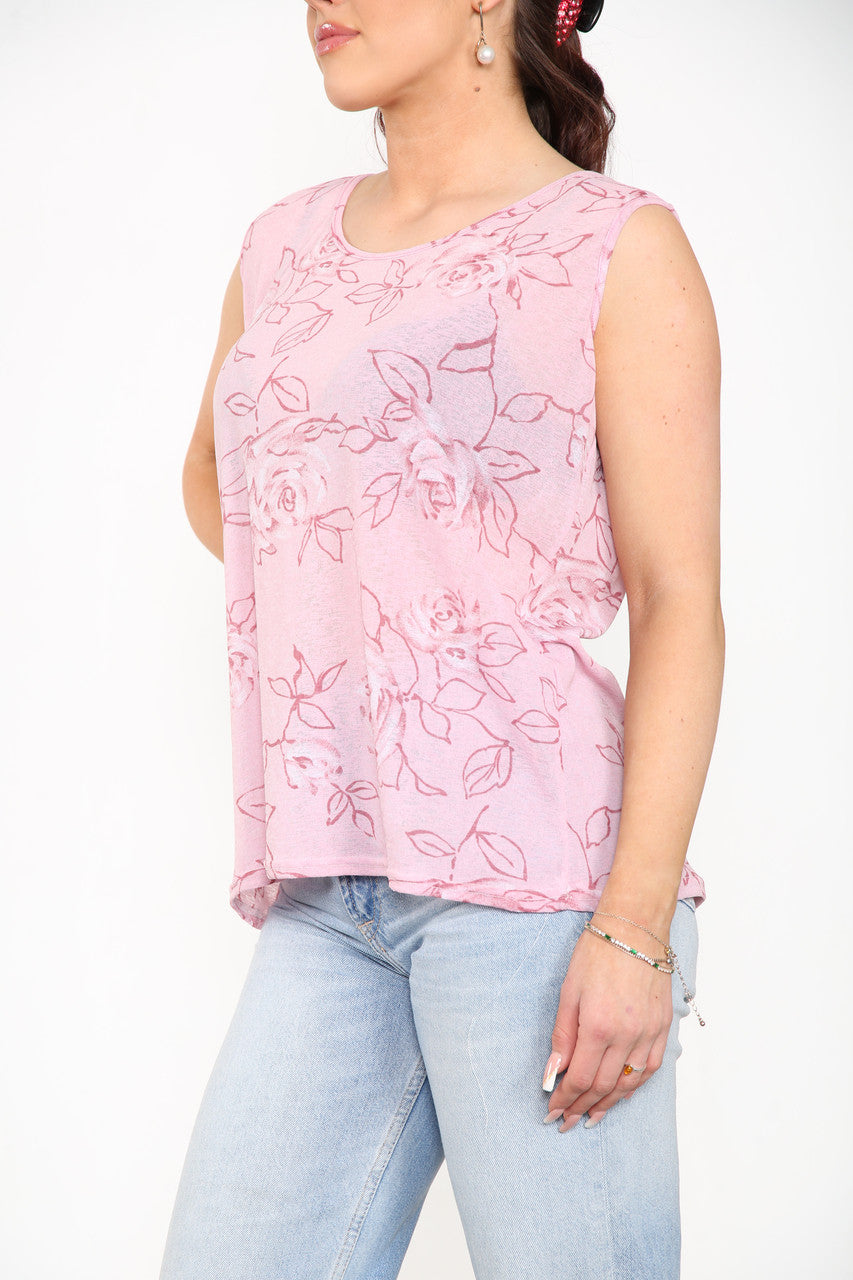 Ladies Floral Outline Print Sleeveless Top Dusty Pink