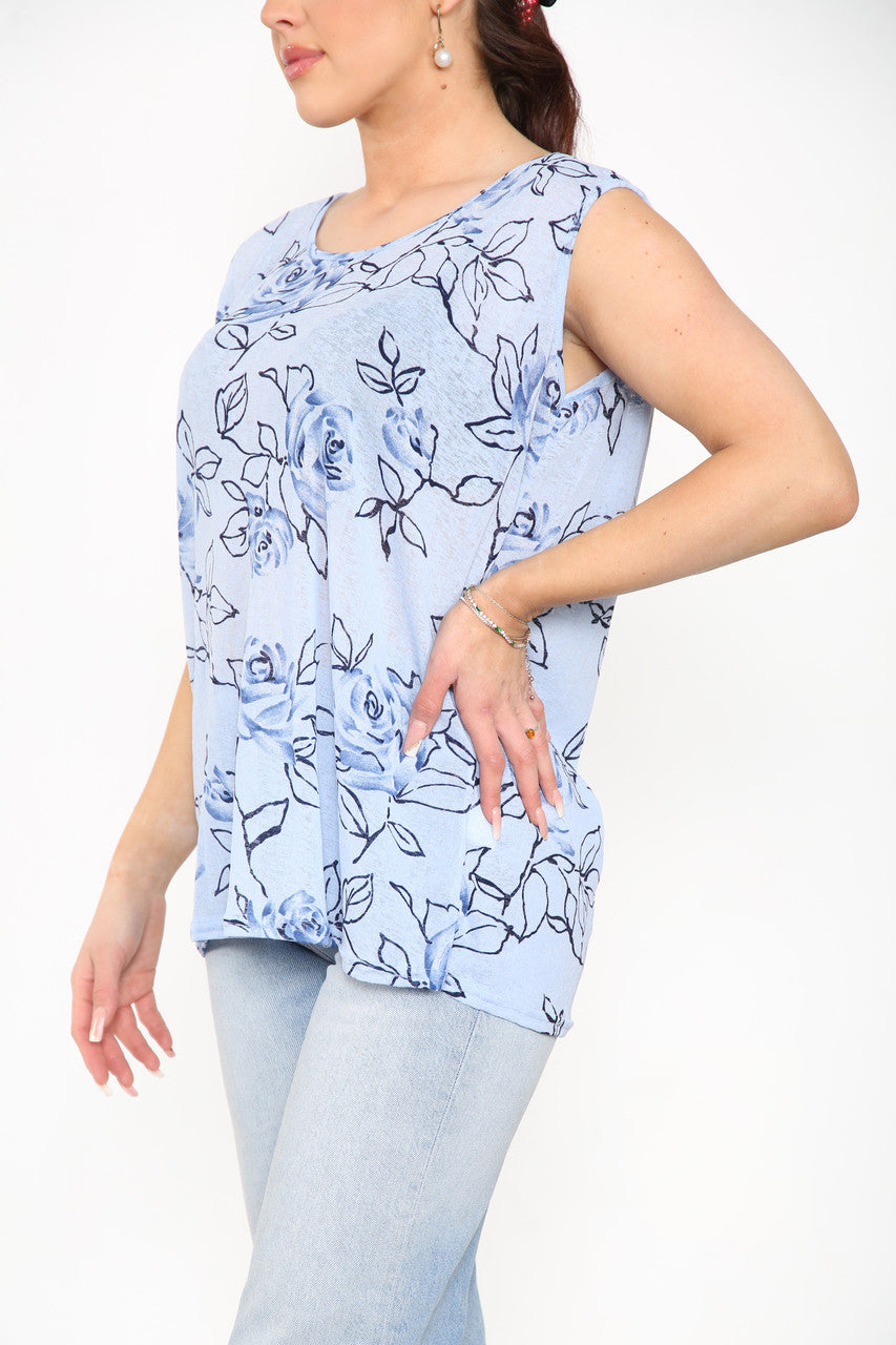 Ladies Floral Outline Print Sleeveless Top Sky Blue