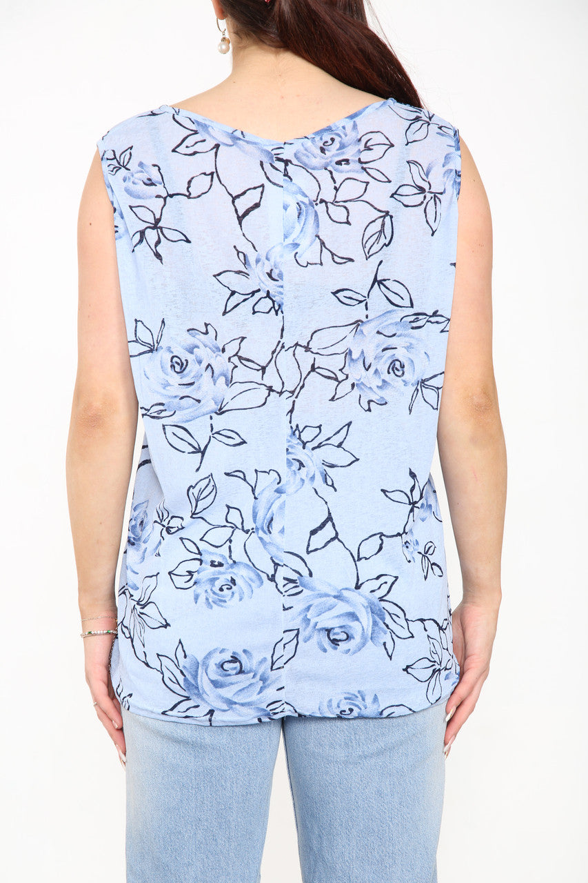 Ladies Floral Outline Print Sleeveless Top Sky Blue