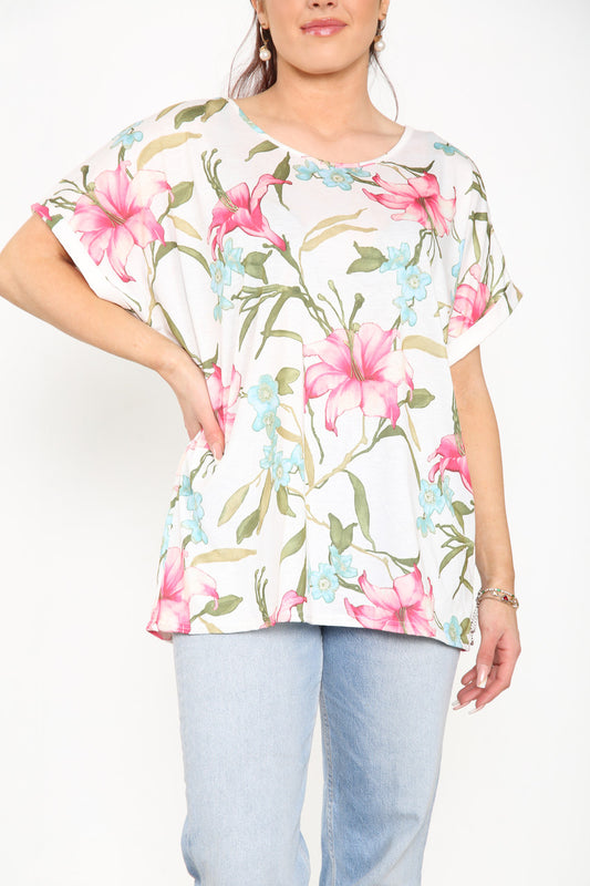 Ladies Lily Floral Print Top White