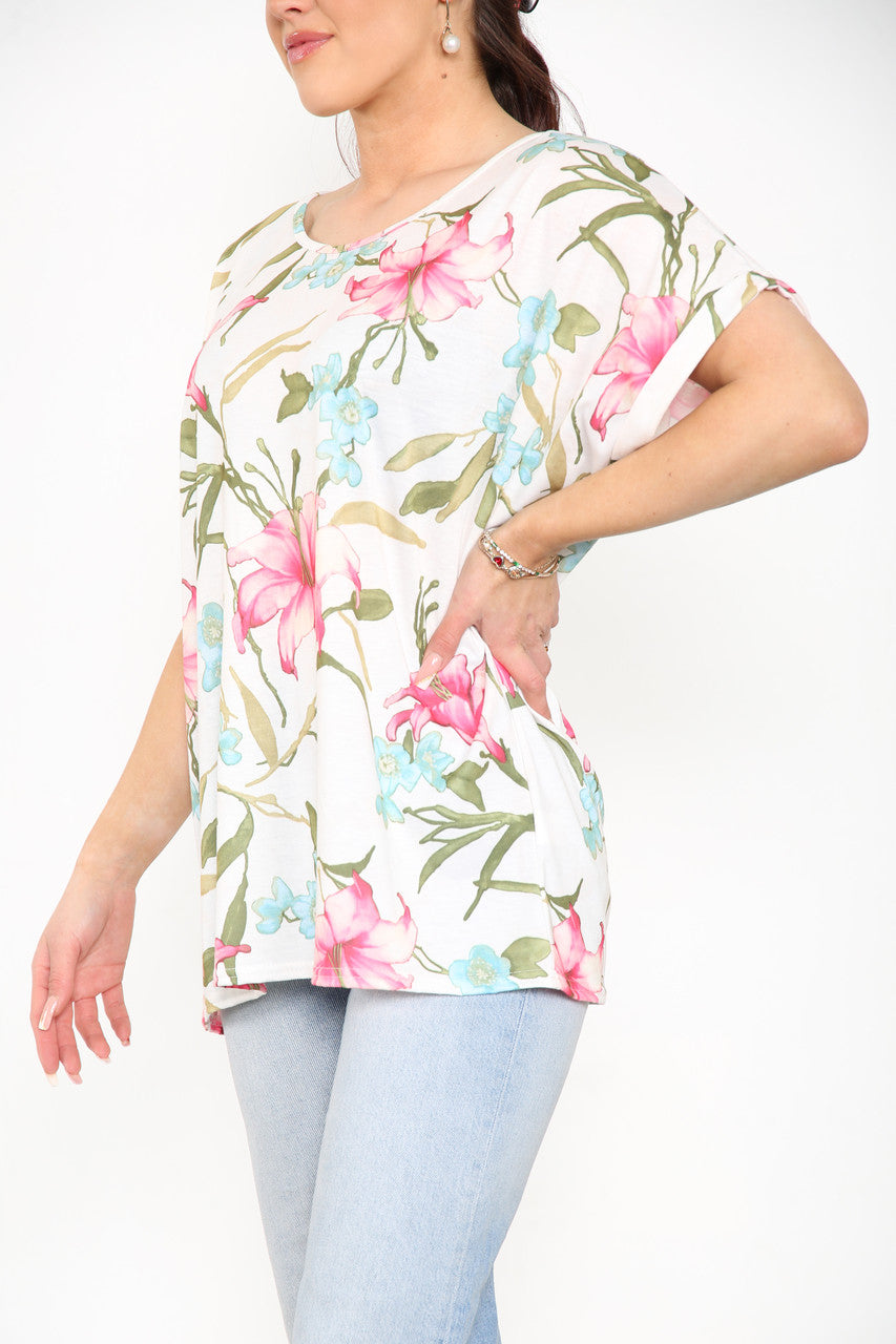 Ladies Lily Floral Print Top White