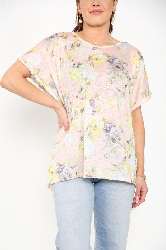 Ladies Floral Mix Print Burnout Top Pastel Pink