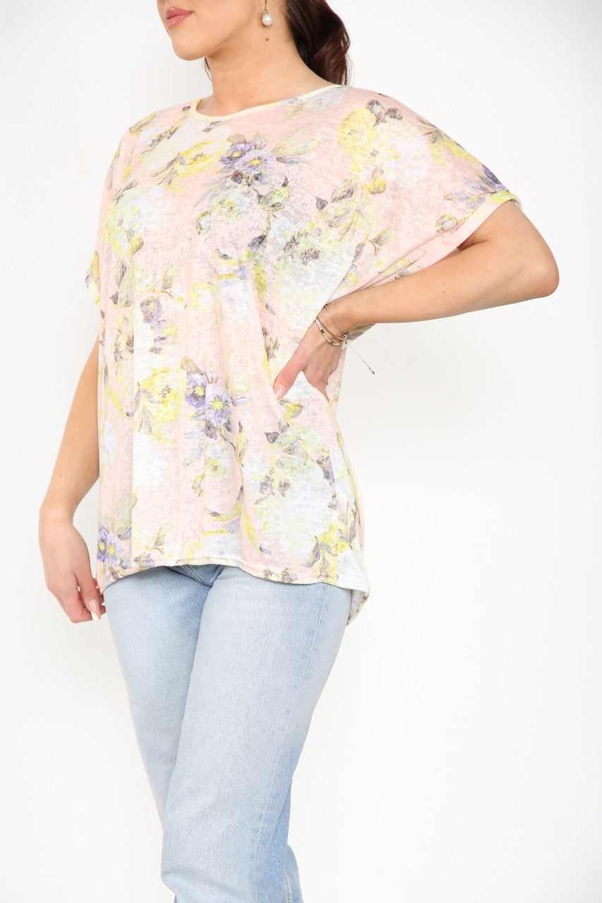 Ladies Floral Mix Print Burnout Top Pastel Pink