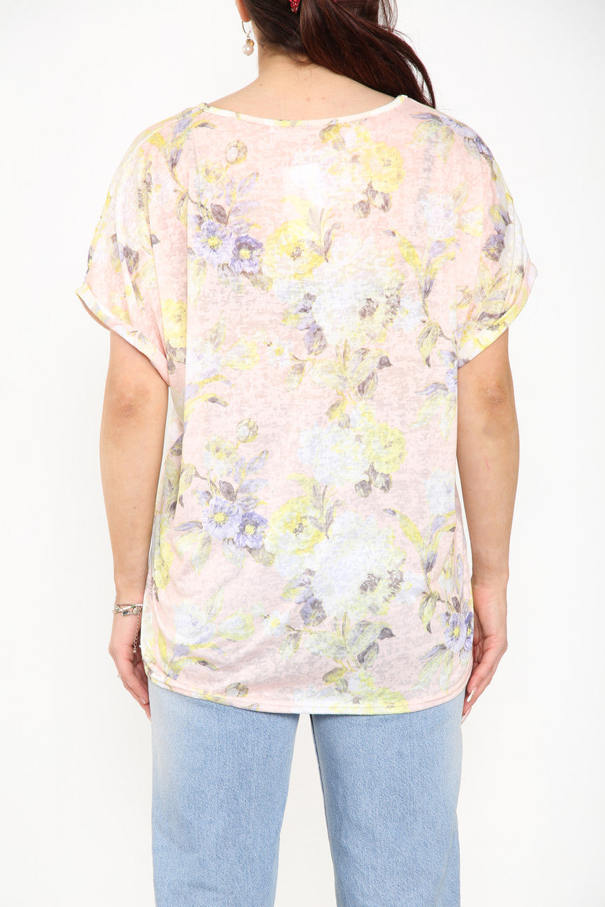 Ladies Floral Mix Print Burnout Top Pastel Pink