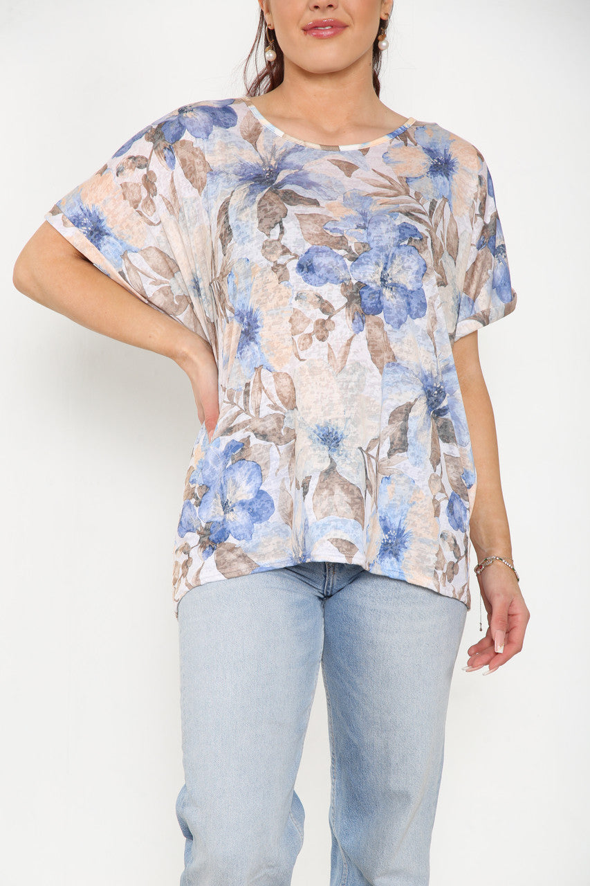 Ladies Floral Mix Print Burnout Top Blue