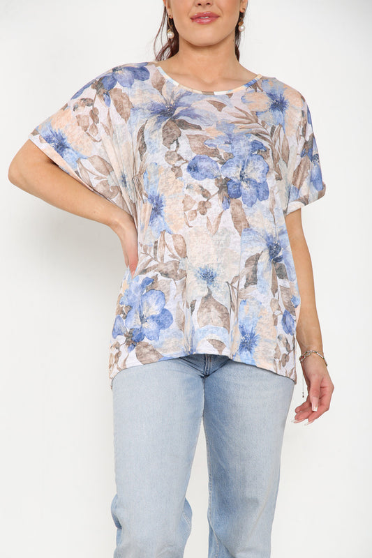 Ladies Floral Mix Print Burnout Top Blue