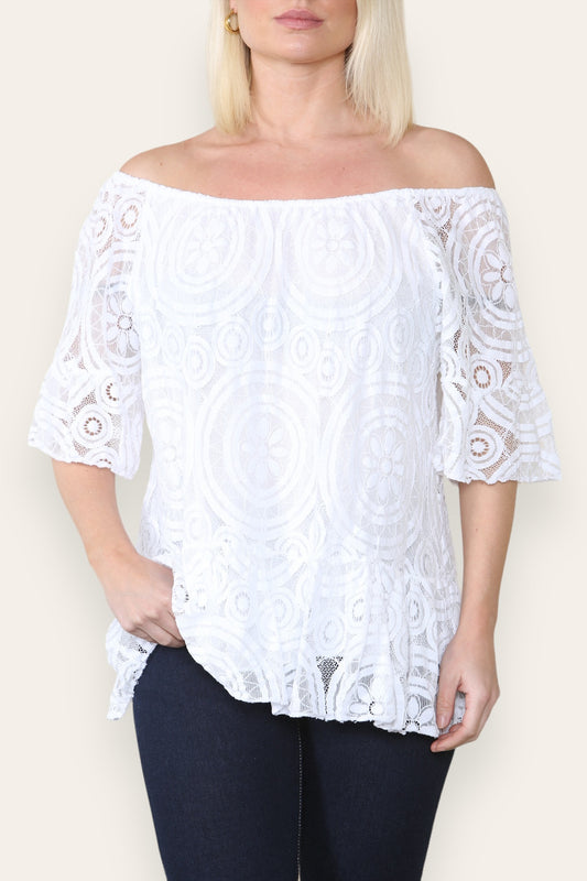 Copy of LACE DISK PATTERN BARDOT TOP WHITE