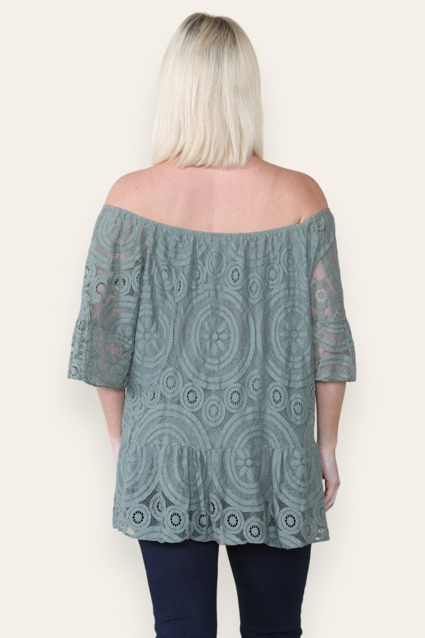 Kopie van LACE DISK PATTERN BARDOT TOP KHAKI