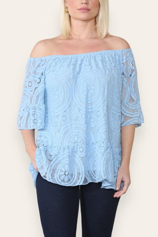 Copy of LACE DISK PATTERN BARDOT TOP LIGHT BLUE