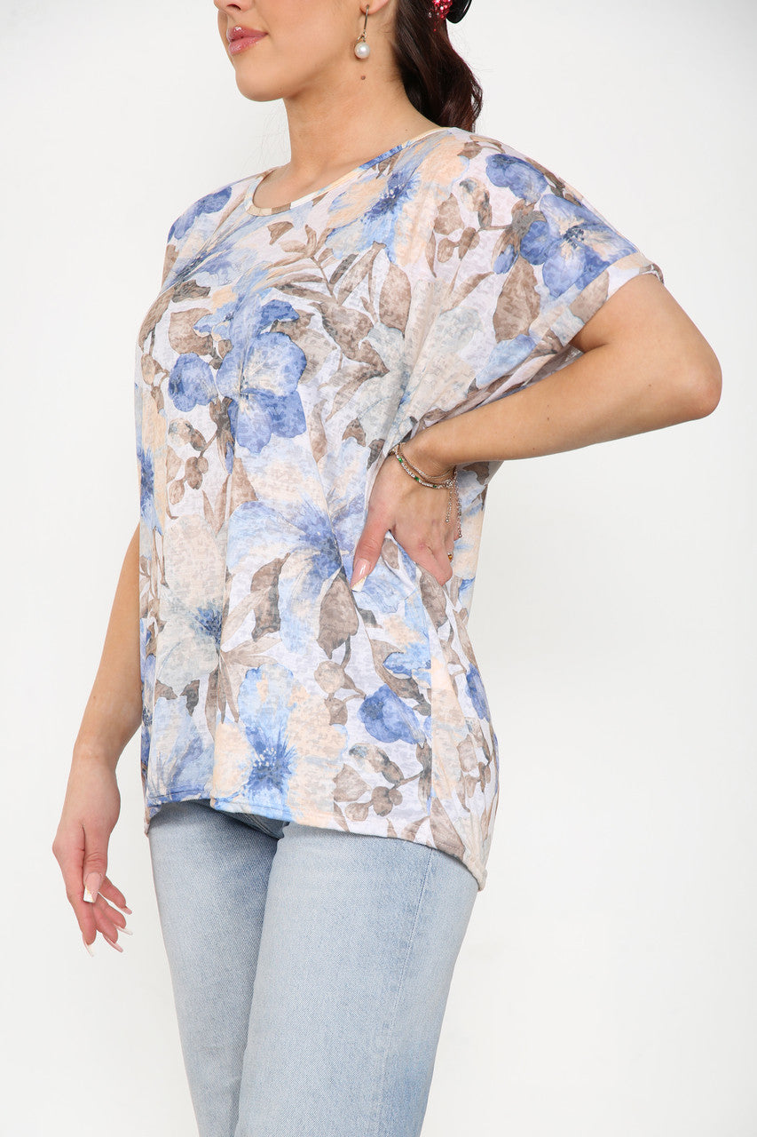 Ladies Floral Mix Print Burnout Top Blue