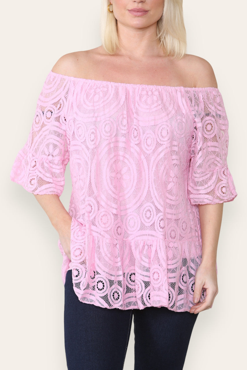 Kopie van LACE DISK PATTERN BARDOT TOP ROZE
