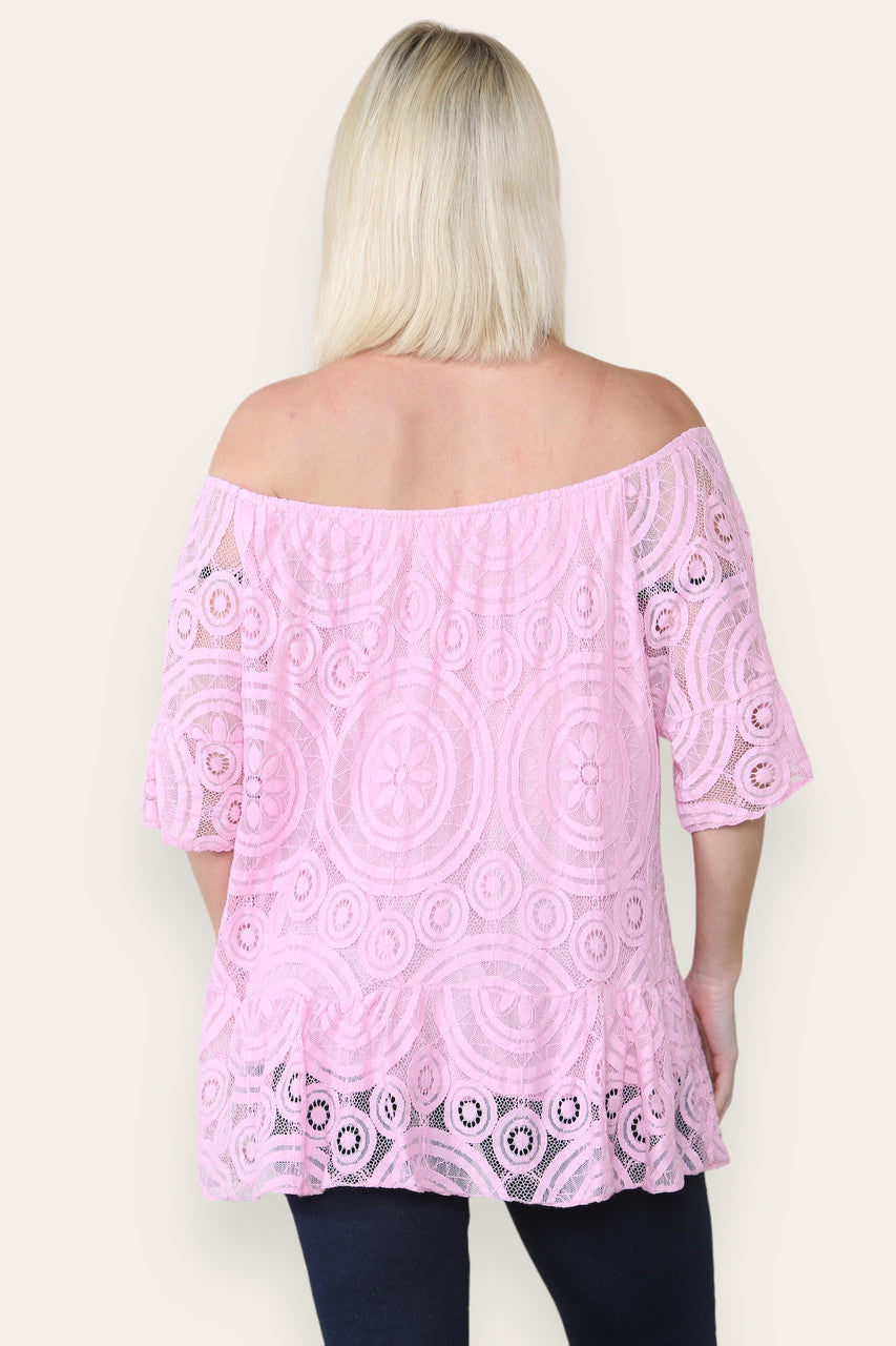 Kopie van LACE DISK PATTERN BARDOT TOP ROZE