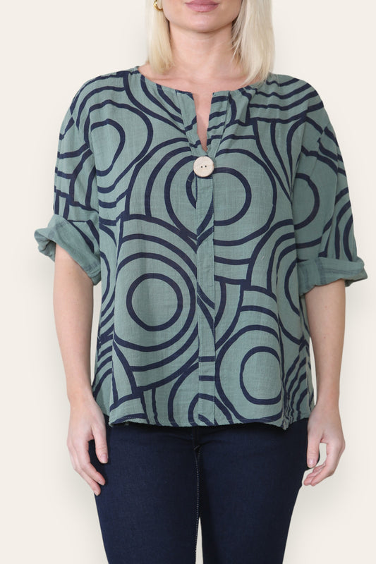 CIRCLE SWIRL PRINT GRANDAD COLLAR BUTTON FRONT TOP KHAKI