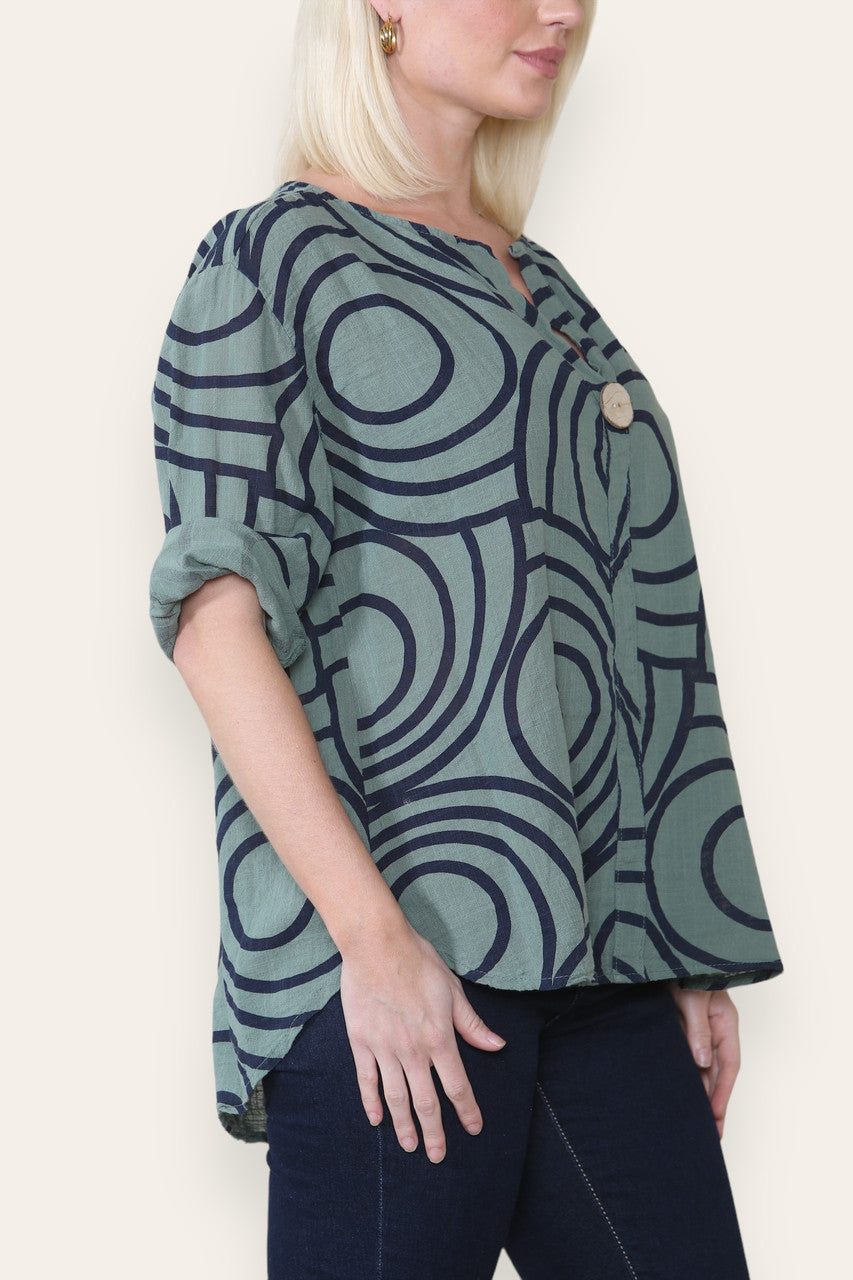 TOP MET GRANDAD-KRAAG, KNOPEN EN Cirkelwervelprint, KHAKI