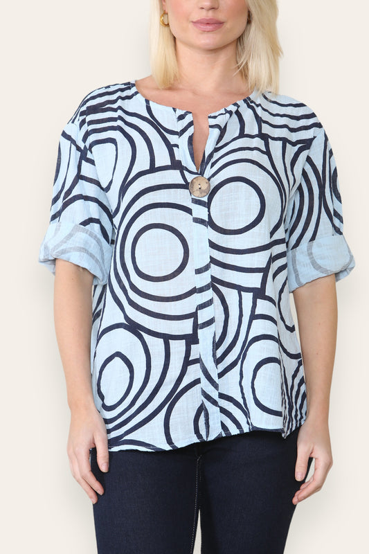 CIRCLE SWIRL PRINT GRANDAD COLLAR BUTTON FRONT TOP LIGHT BLUE