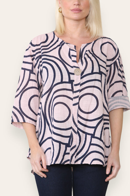 CIRCLE SWIRL PRINT GRANDAD COLLAR BUTTON FRONT TOP DUSTY PINK