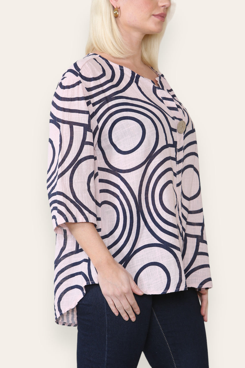 TOP MET OVERHEMDkraag, knopen en cirkel/wervelprint - DUSTY PINK