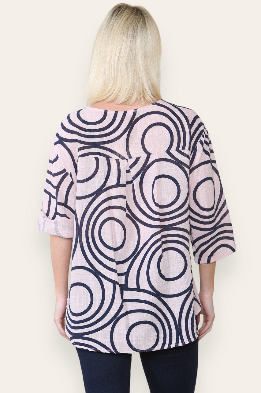 TOP MET OVERHEMDkraag, knopen en cirkel/wervelprint - DUSTY PINK