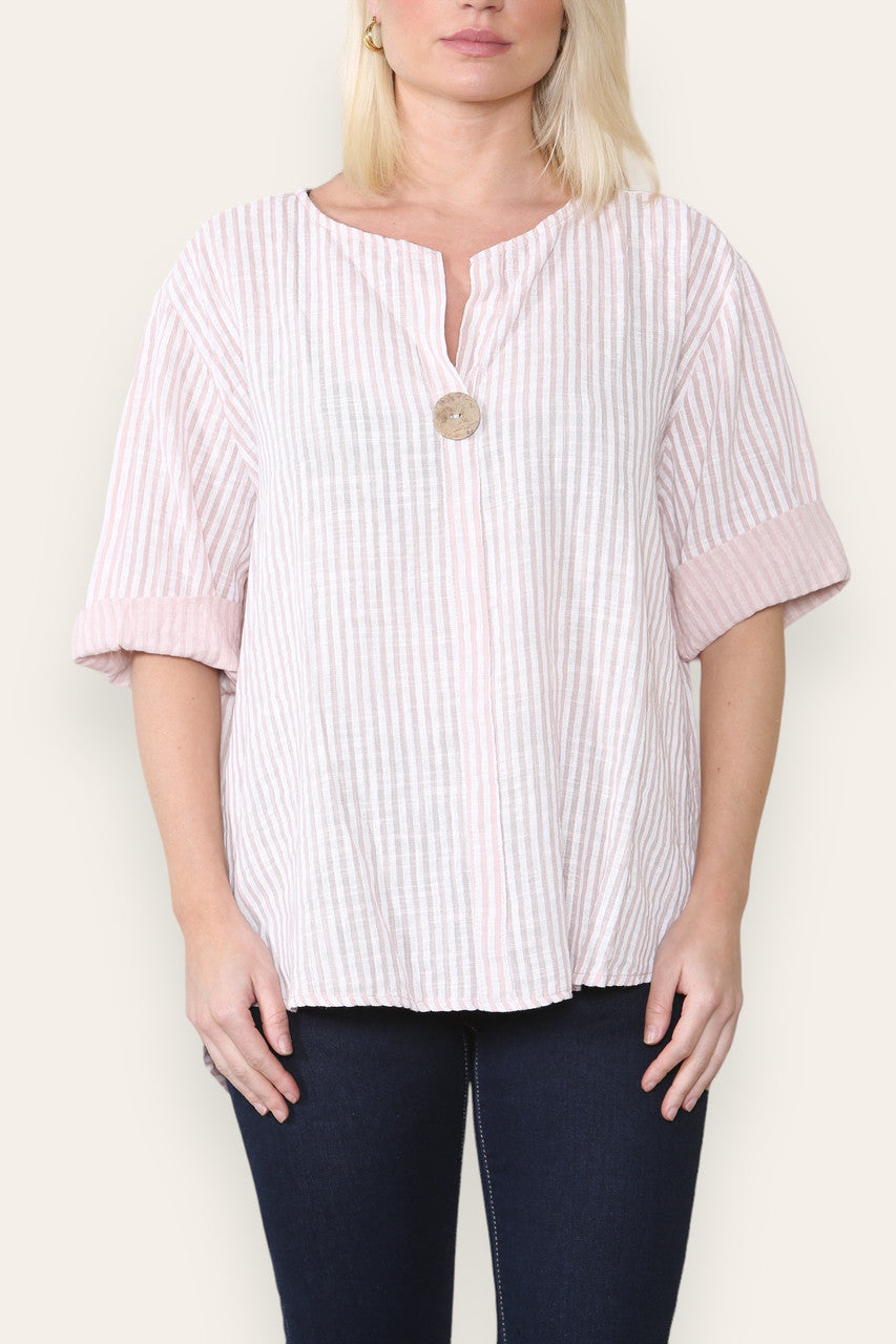 GESTREEPT OVERHEMD MET OPAKRAAG EN KNOPENROK DUSTY PINK