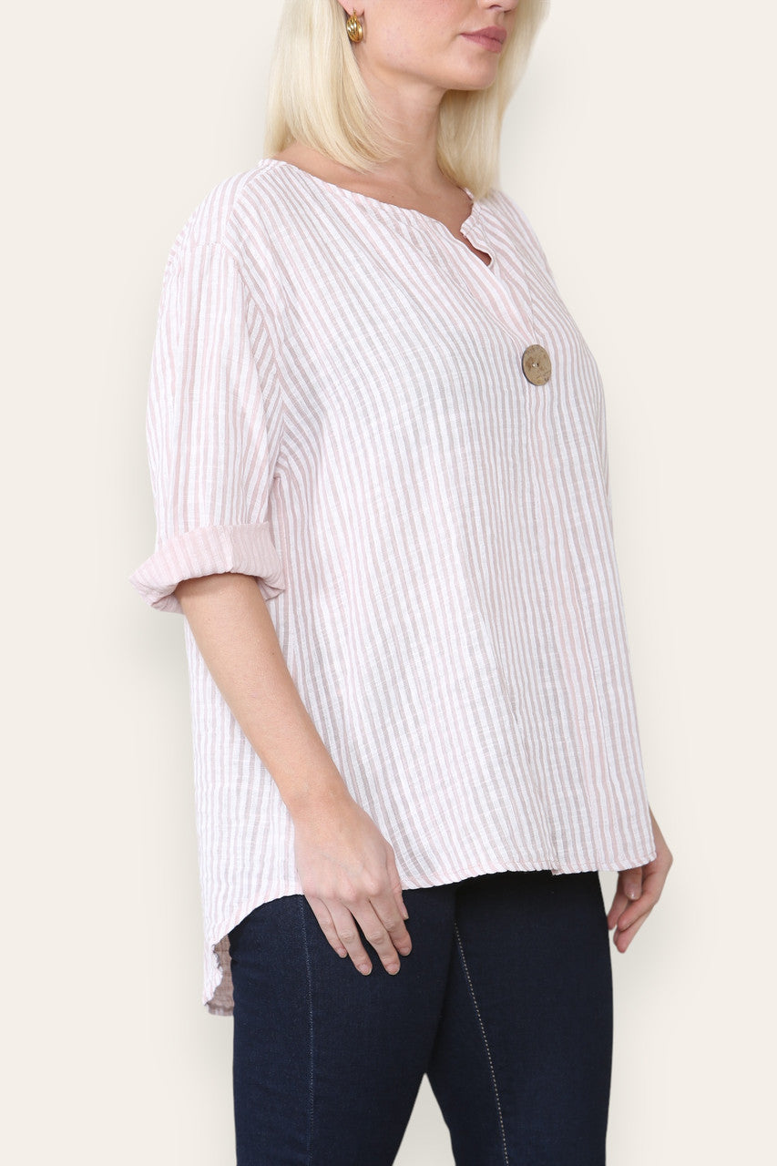 GESTREEPT OVERHEMD MET OPAKRAAG EN KNOPENROK DUSTY PINK