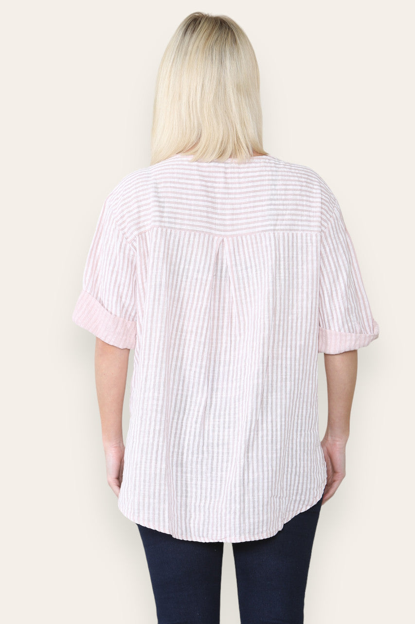 GESTREEPT OVERHEMD MET OPAKRAAG EN KNOPENROK DUSTY PINK
