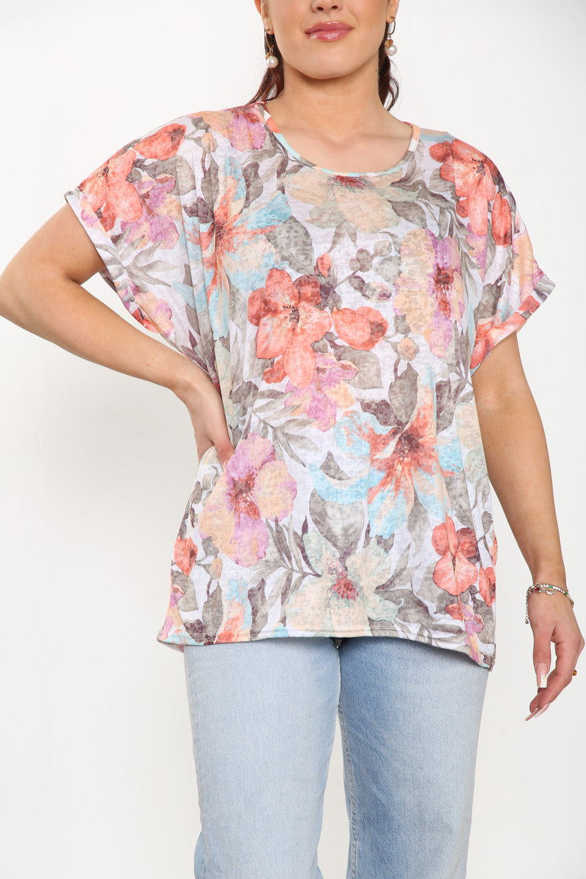 Ladies Floral Mix Print Burnout Top Pink