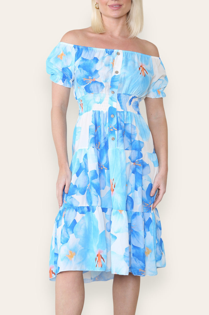 WATERVERF LELIE PRINT MIDI JURK BLAUW