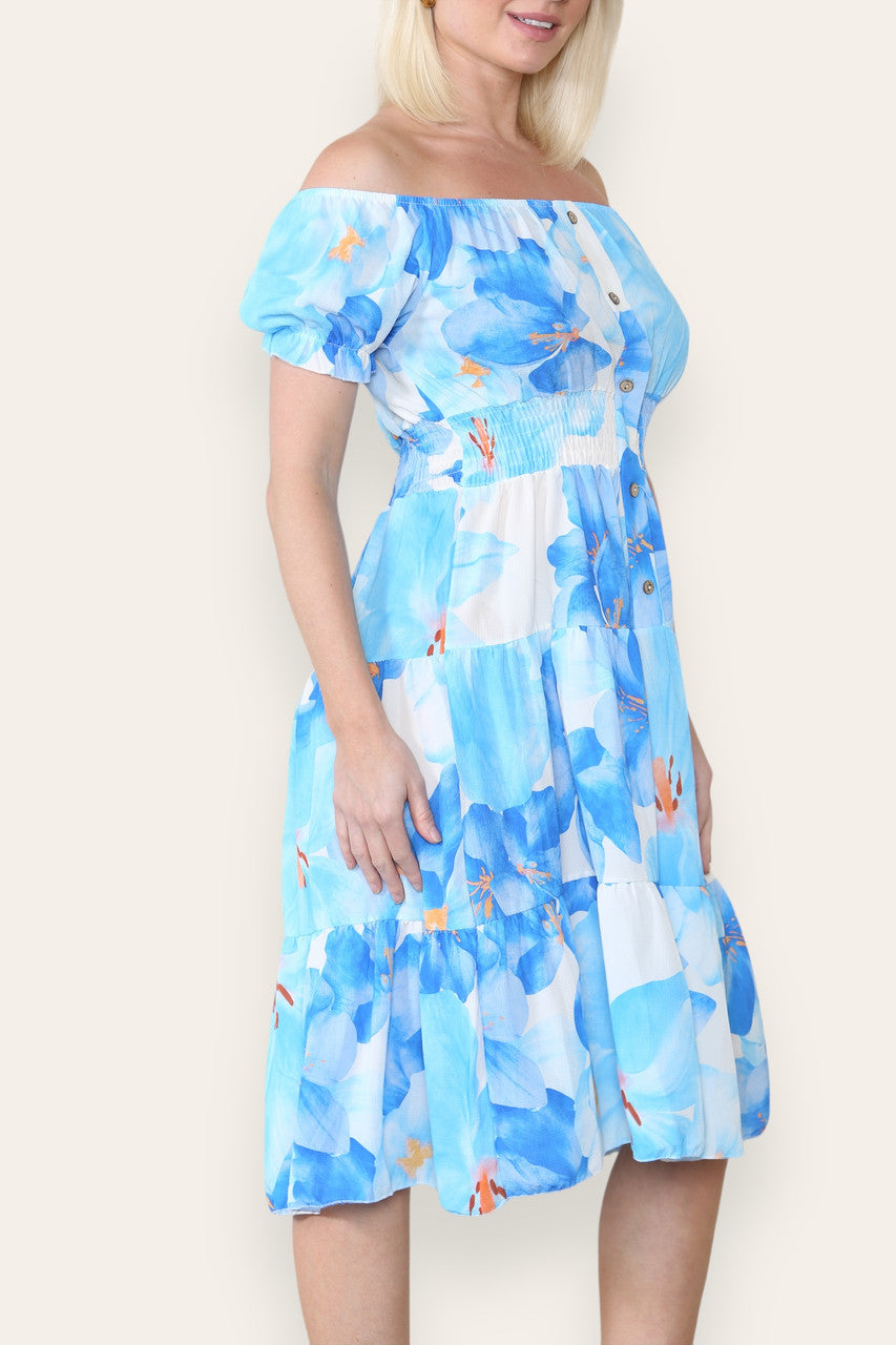 WATERVERF LELIE PRINT MIDI JURK BLAUW