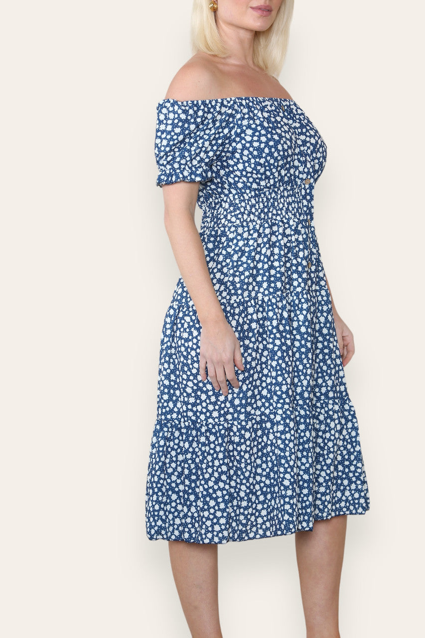 MIDI JURK MET BLIJDE BLOEMENPRINT NAVY