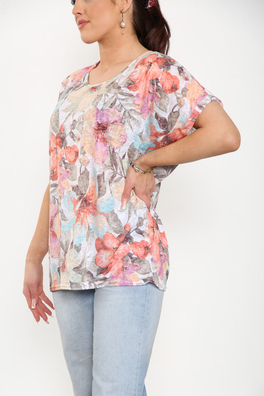 Ladies Floral Mix Print Burnout Top Pink