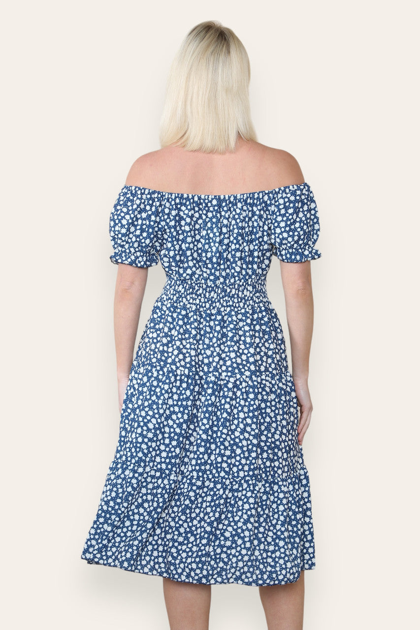MIDI JURK MET BLIJDE BLOEMENPRINT NAVY