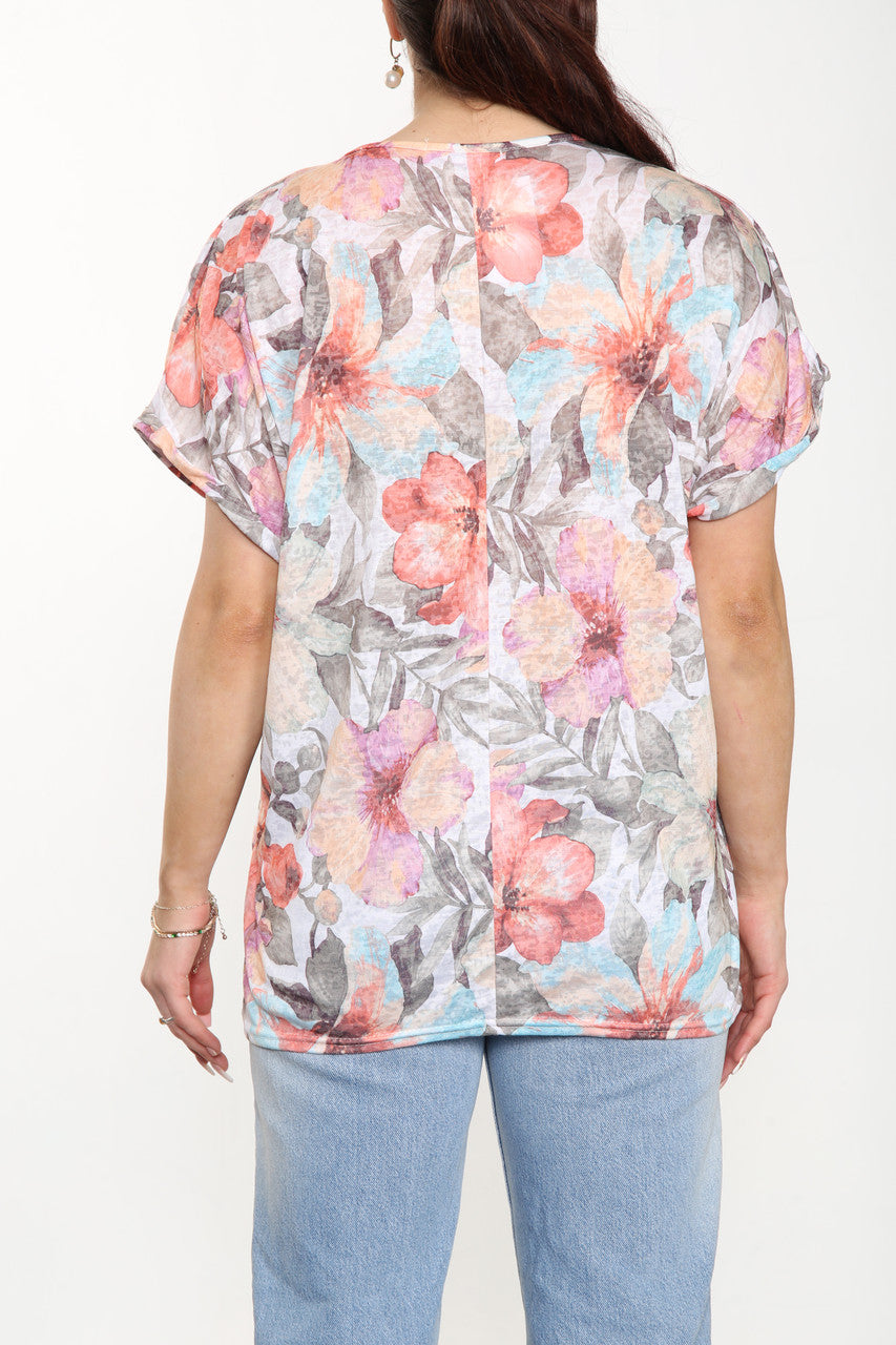 Ladies Floral Mix Print Burnout Top Pink