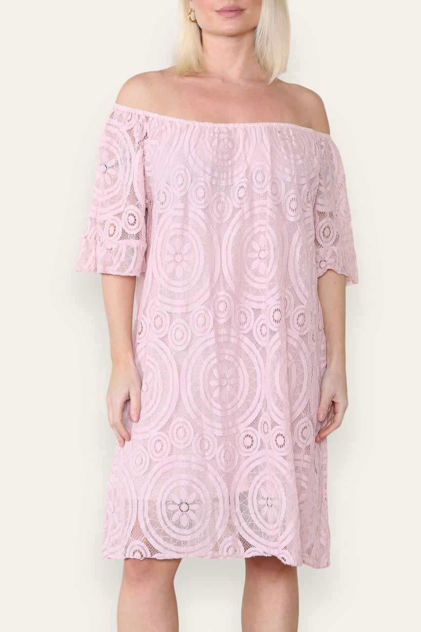BARDOT JURK MET KANTEN SCHIJVENPATROON ROZE