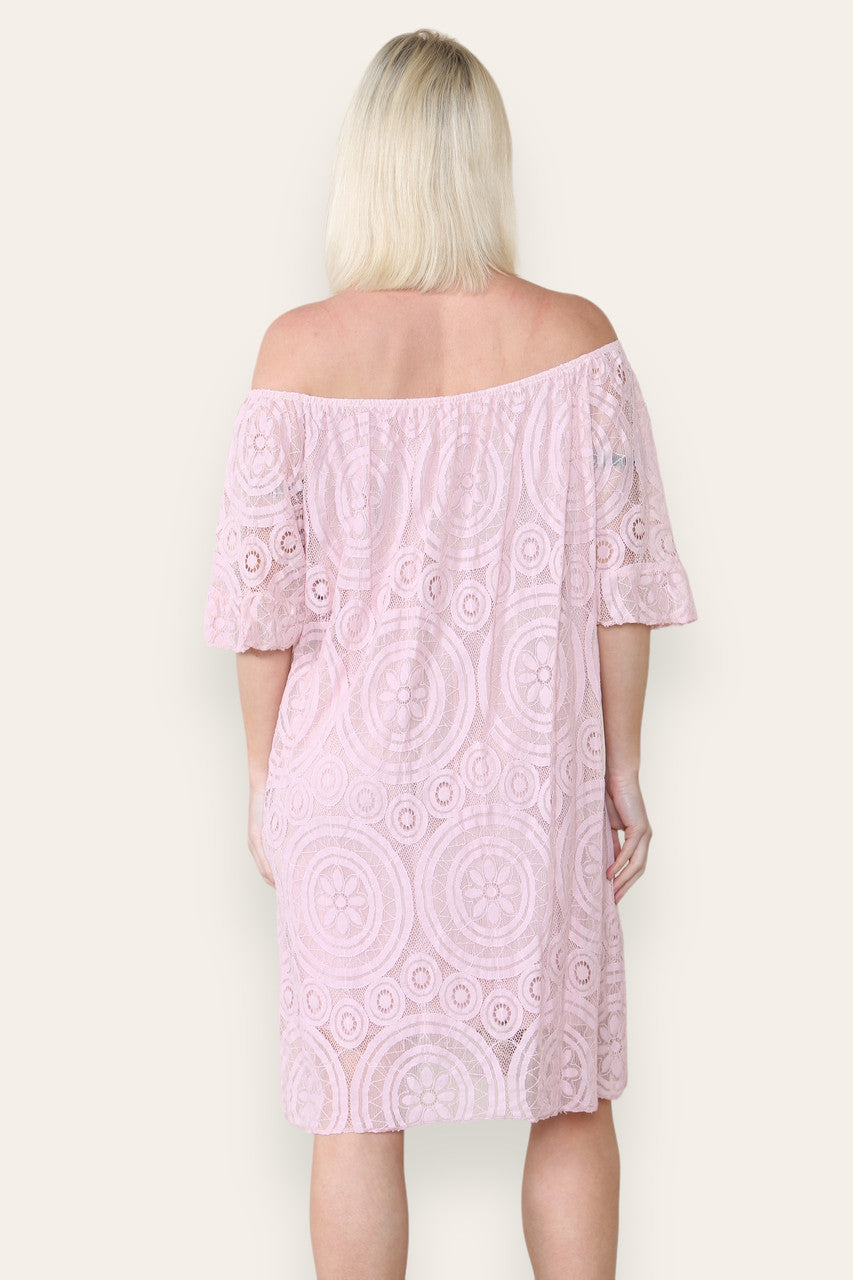 BARDOT JURK MET KANTEN SCHIJVENPATROON ROZE