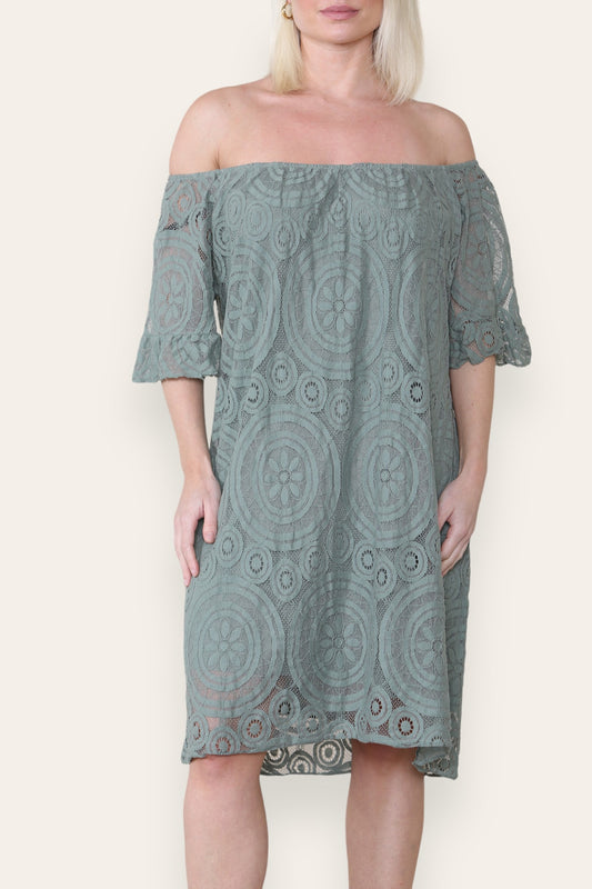 LACE DISK PATTERN BARDOT DRESS KHAKI