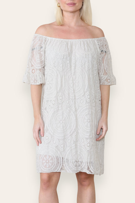 LACE DISK PATTERN BARDOT DRESS STONE